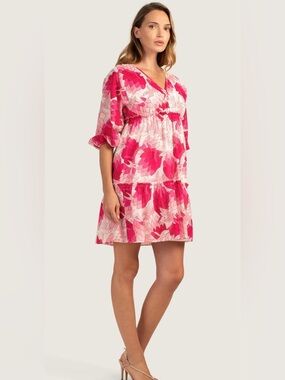 Trina Turk Pink & Fuchsia Floral V-Neck Tiered Dress